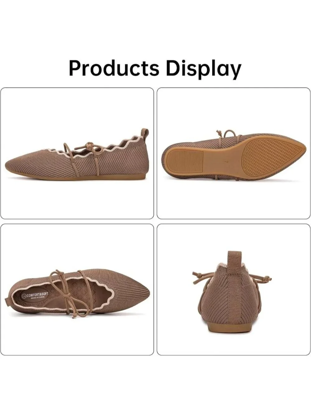 Women's Brown Rubber Knitted Slip On Pointed Toe with Ruffled Vamp Elastic Flats